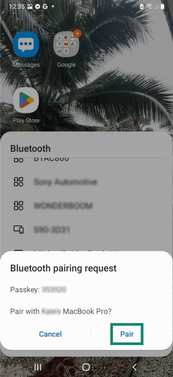 A Bluetooth pairing request on an Android phone. The