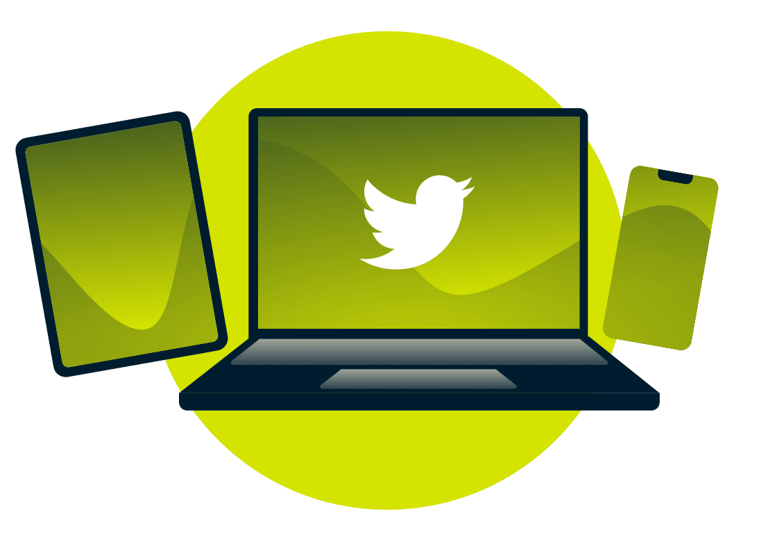 Kannettava tietokone, tabletti ja puhelin, joissa on Twitter-logo.