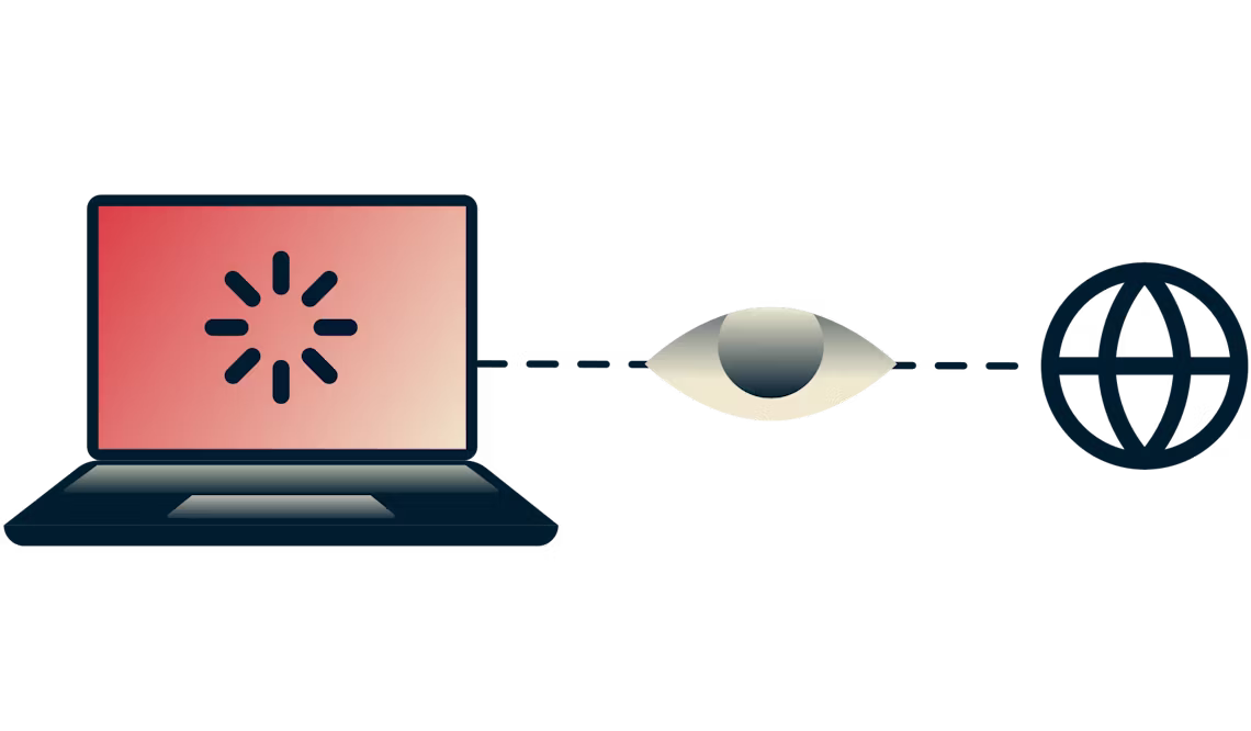 En bærbar computer med buffering, der er forbundet til internettet, med et øje, der overvåger forbindelsen.